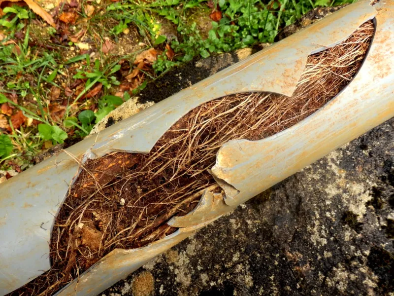 Broken pipe filled with leaves